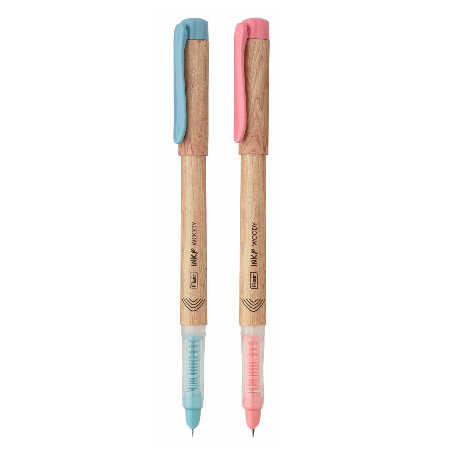 FLAIR Inky Series Woody Fountain Pen | Elegant Pockatable Clip With Aesthetic Wooden Texture Body | Blue Ink, Pack of 2 (Body Color May Vary)
