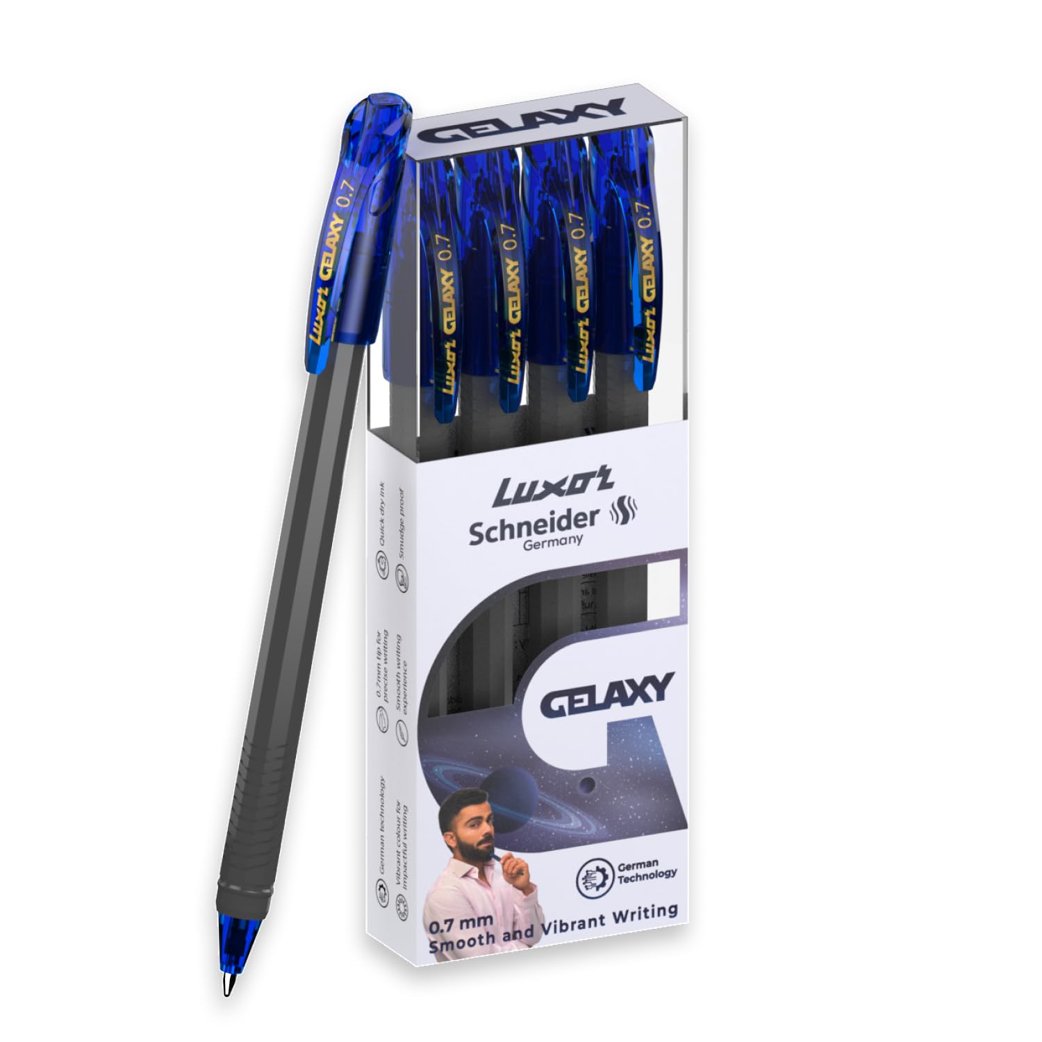 Luxor Schneider Gelaxy Gel Pen| Pack of 4 - Blue| Refillable| 0.7 mm tip| Quick dry ink| German Technology| Smooth writing experience| Pens For Students