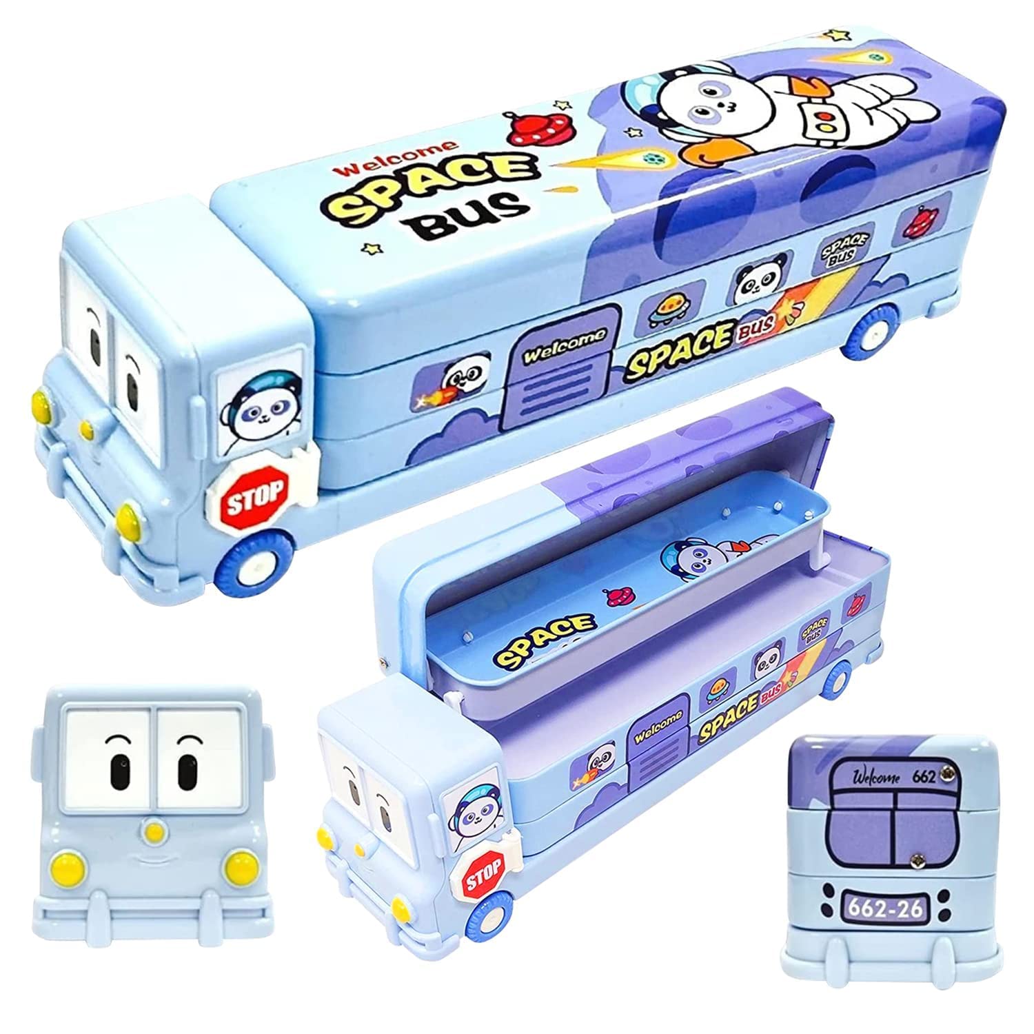 PRIME DEALS Bus Shape Pencil Box School Bus Metal Geometry Box for Kids  Magic Bus with Moving Tyres with Compartments Moving Tyre's Sharpener 