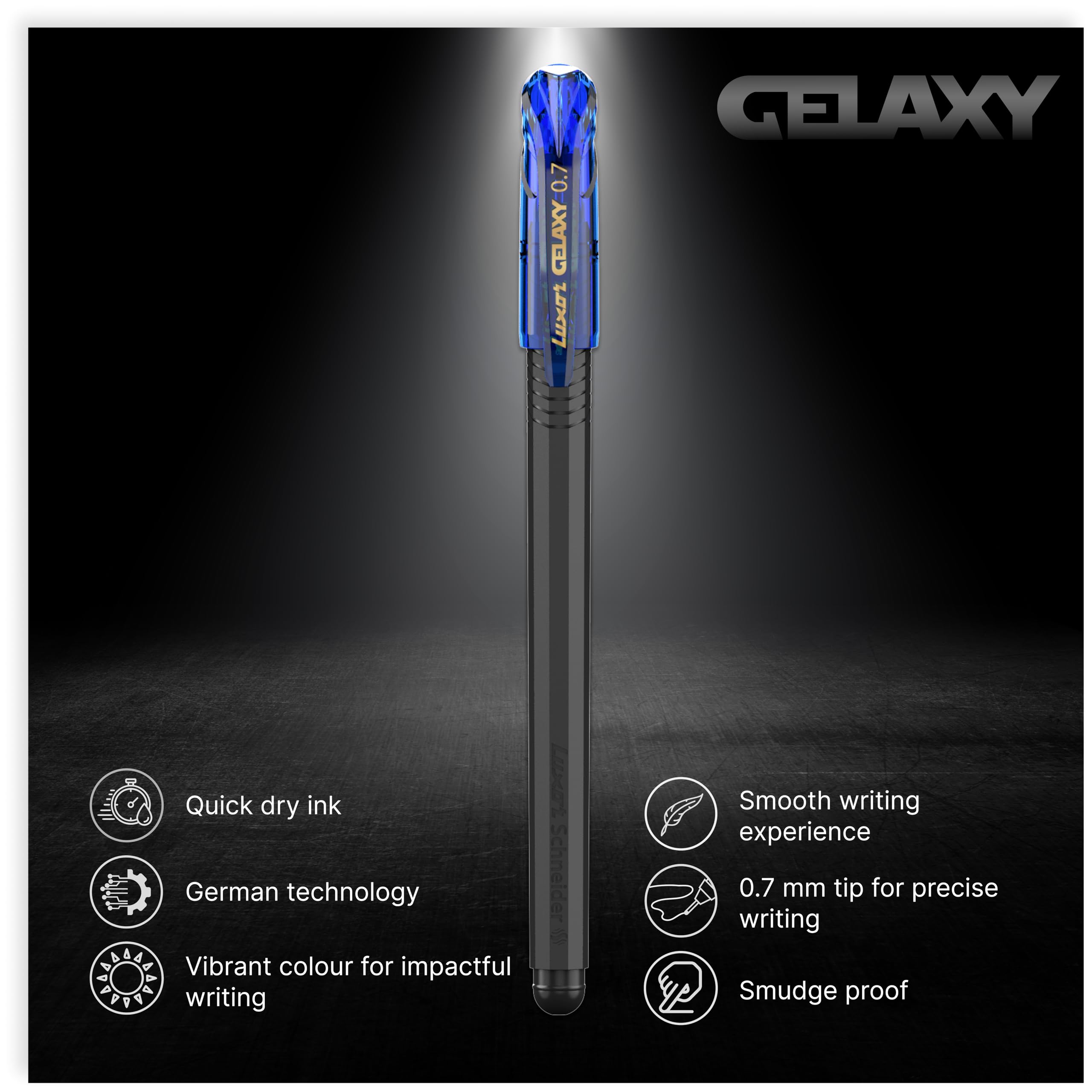 Luxor Schneider Gelaxy Gel Pen| Pack of 4 - Blue| Refillable| 0.7 mm tip| Quick dry ink| German Technology| Smooth writing experience| Pens For Students