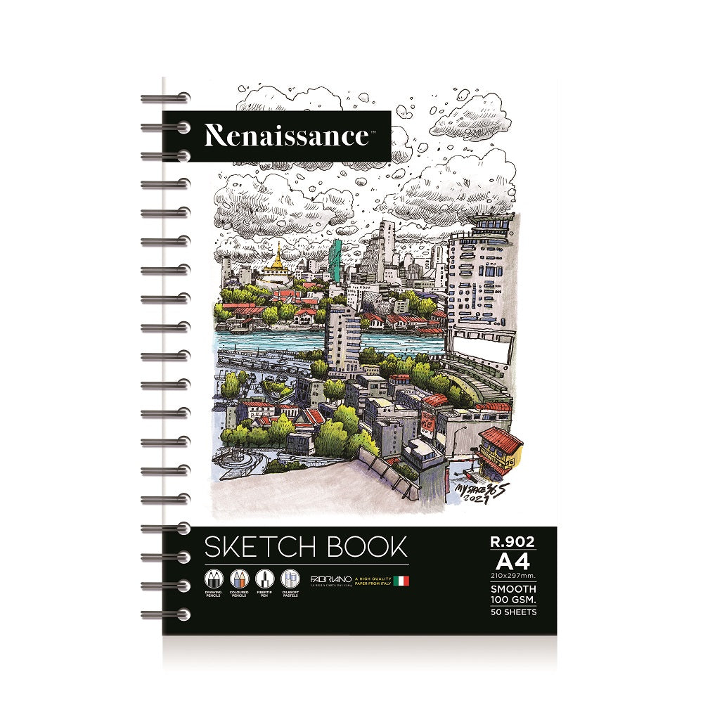 Renaissance & Fabriano A4 Size Spiral Sketch Book (100 GSM, 50 Sheets), Model R. 902