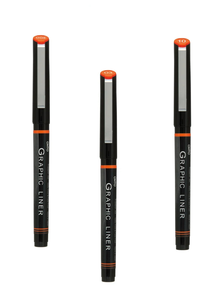 OHTO Graphic Liner CFR-150GL Rollerball Drawing Pen (Set of 3 Assorted Tip Sizes with Different Tip Size Combos)