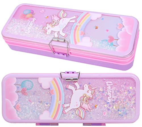 Toyshine Double Compartment Glitter Star Flowing Pencil Box For Kids - Unicorn - Plastic, Pink