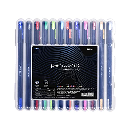 Pentonic Multicolor Gel Pen With Hard Box Case | 0.6 mm-1.0 mm | Sleek Matt Finish, Featherlite feel | Waterproof Gel Ink, Ultra- Low Viscosity Ink | Black Body, 12 Pcs Set