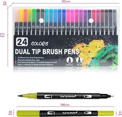 Wynhard Brush Pen Set Sketch Pen Set Drawing Pen Dual Tip Brush Pens Markers for Drawing Brush Pens 24 Shades Art Markers Set Fineliner Color Pens Water Based Marker for Calligraphy Drawing Sketching
