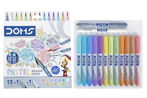Doms Super Soft Tip Pastel Shades Brush Pen Set| Colour Pen| Sketch Colors | 12 Pastel Shades + 1 Silver Shade + 1 Blender | Ideal for Doodling, Illustrations, Calligraphy, Artists, Studenst & Professioanls | Pack Of 1