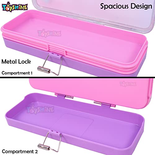 Toyshine Double Compartment Glitter Star Flowing Pencil Box For Kids - Unicorn - Plastic, Pink