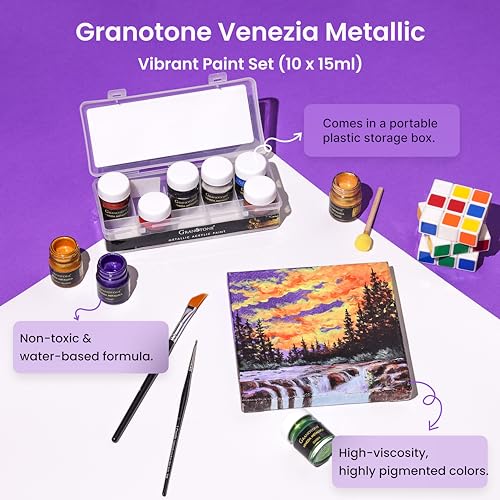 GRANOTONE Venezia Metallica Colors Kit - 10 Vibrant Water-Based, Non-Toxic Shades with Shimmering Effect, 15ml Each - Perfect for Artists & Crafters