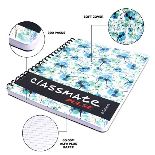 Classmate Pulse 6 Subject Spiral Notebook - Pack of 1 | Single Line | 300 Pages | 26.7cm x 20.3cm | Attractive Cover Designs (Designs might vary) | Soft Cover | Notebooks for College Students