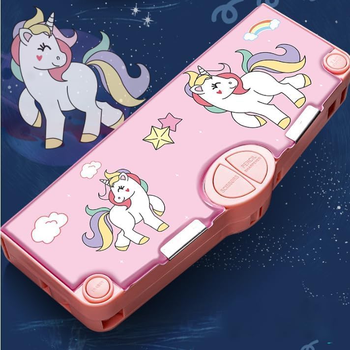 Umadiya® Branded Unicorn Theme Magnetic Pencil Box for Kids, Space Pencil Box for Boys & Girls, Stationery Box, Buttons Operated Pencil Box for Kids (with Accessories)