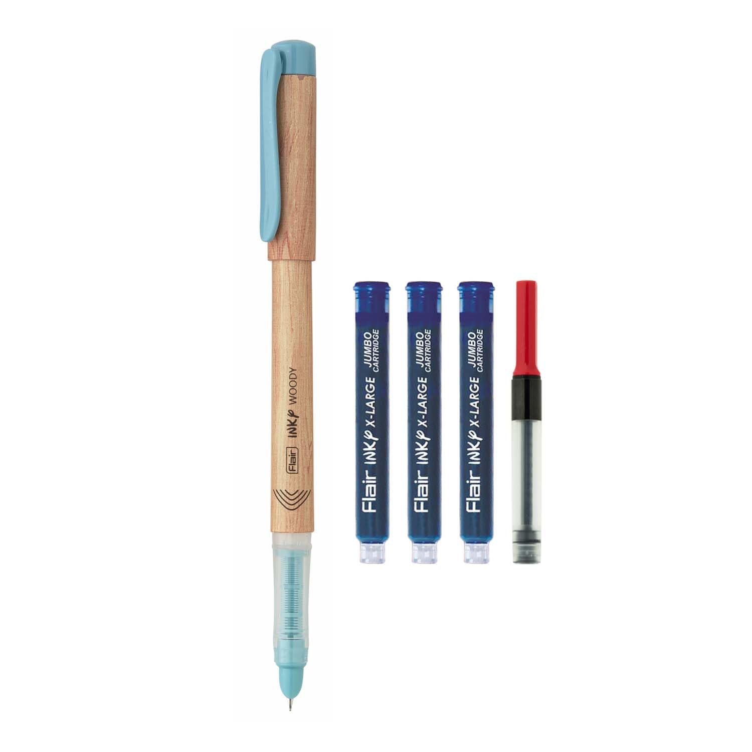 FLAIR Inky Series Woody Fountain Pen | Elegant Pockatable Clip With Aesthetic Wooden Texture Body | Blue Ink, Pack of 2 (Body Color May Vary)