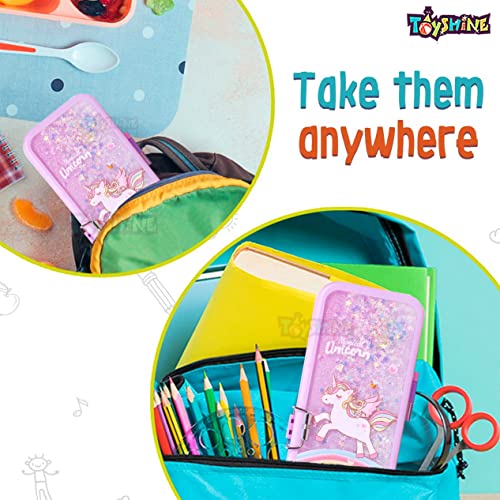 Toyshine Double Compartment Glitter Star Flowing Pencil Box For Kids - Unicorn - Plastic, Pink