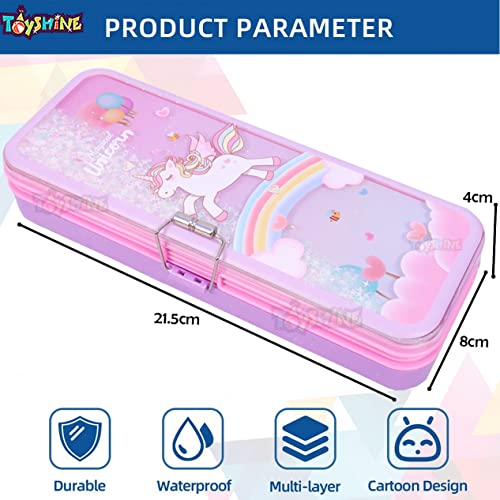 Toyshine Double Compartment Glitter Star Flowing Pencil Box For Kids - Unicorn - Plastic, Pink