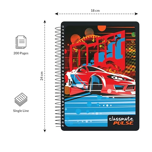Classmate Pulse Single Subject Spiral Notebook - Pack of 1 | Single Line | 200 Pages | 24.0cm x 18.0cm | Attractive Cover Designs | Soft Cover | Notebooks for College Students
