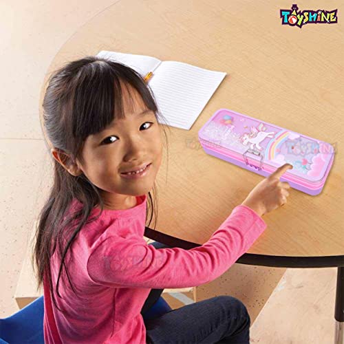 Toyshine Double Compartment Glitter Star Flowing Pencil Box For Kids - Unicorn - Plastic, Pink