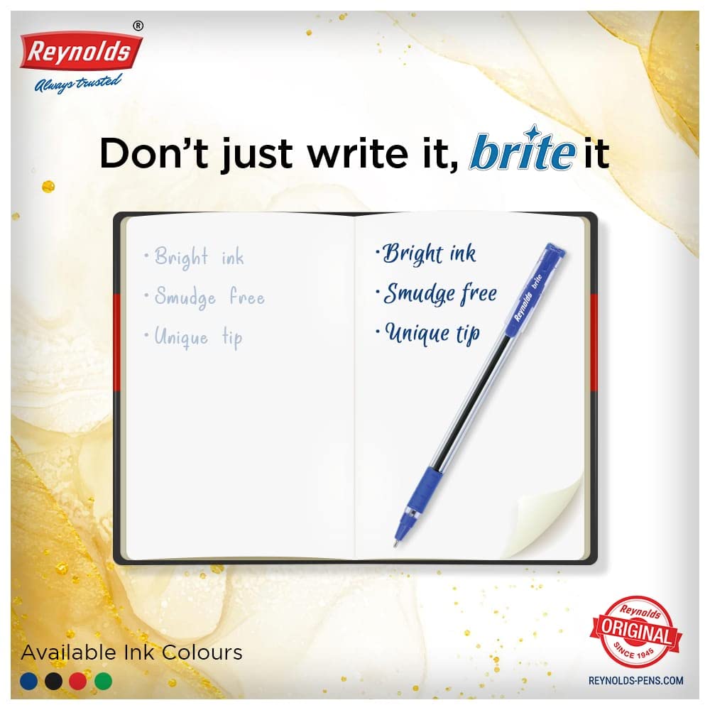 Reynolds BRITE Ball Pen SET - 50 BLUE PENS WITH COMFORTABLE GRIP |BLUE BALL PENS FOR WRITING | PEN FOR STUDENTS & OFFICE STATIONERY | 0.7 mm TIP SIZE