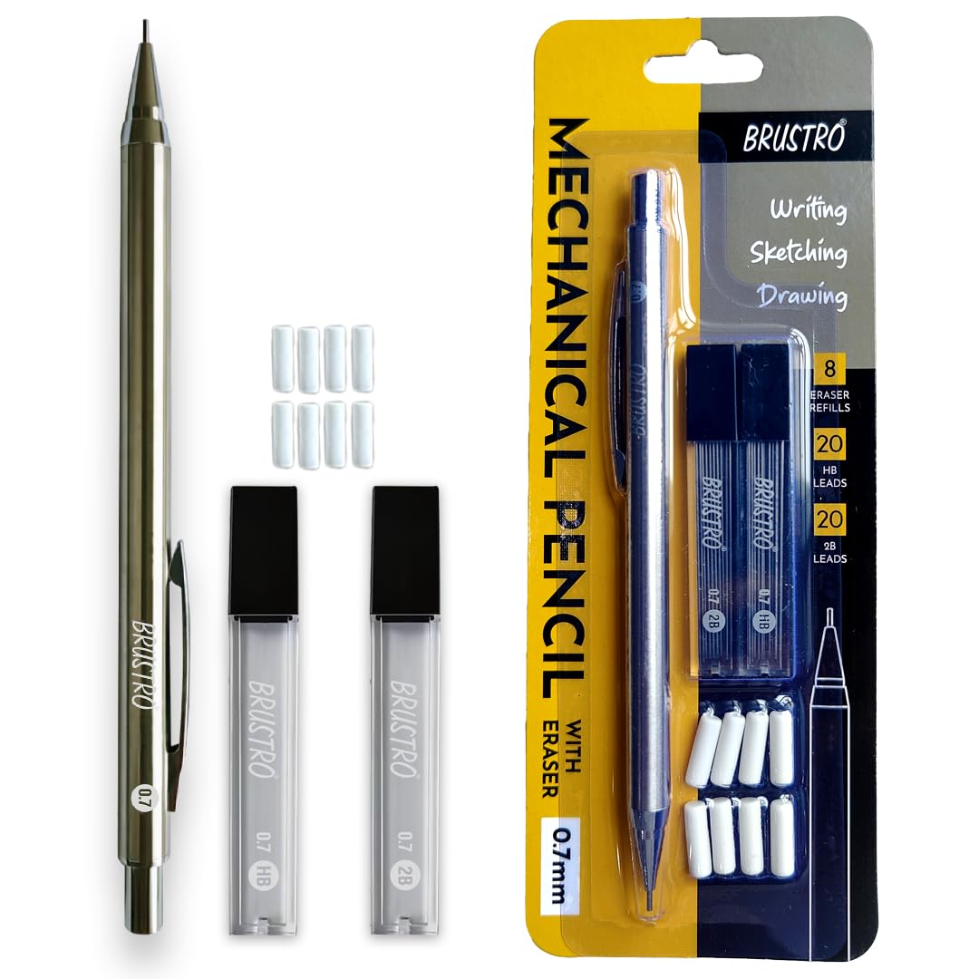 BRUSTRO Mechanical Pencil Set | HB-20 leads, 2B-20 leads,Spare eraser 8 units|Tip size 0.7 mm | Ideal for Students,Adults, Home, School, Office, Stationery Use |Writing, Sketching, Drawing,Mandala Art