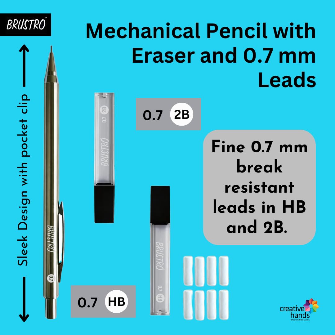 BRUSTRO Mechanical Pencil Set | HB-20 leads, 2B-20 leads,Spare eraser 8 units|Tip size 0.7 mm | Ideal for Students,Adults, Home, School, Office, Stationery Use |Writing, Sketching, Drawing,Mandala Art