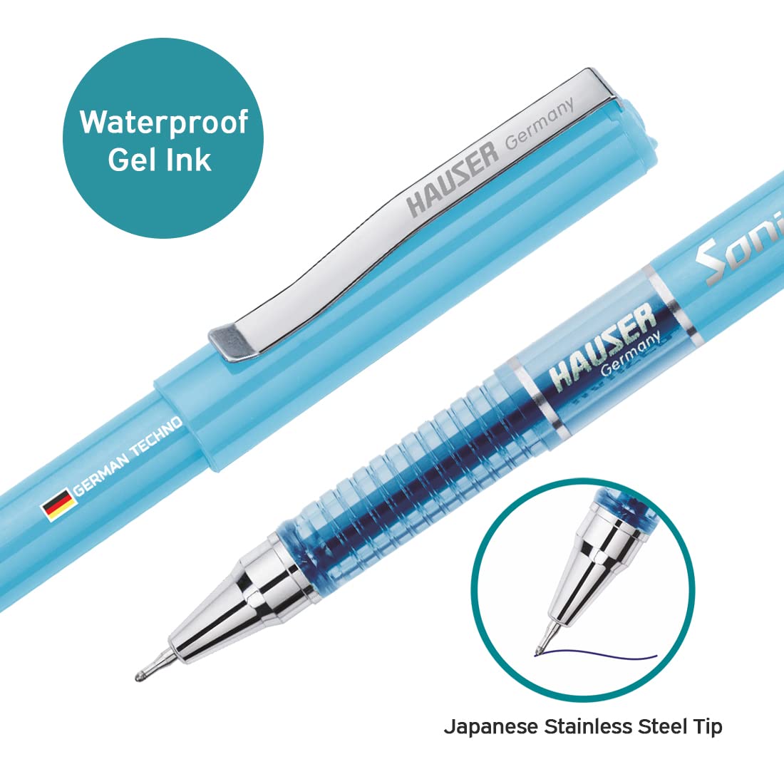 Hauser Sonic 0.55mm Gel Pen Box Pack | Attractive Foiled Body | Stylish Metal Clip | Refillable & Waterproof Gel Ink | German Technology For Smooth & Effortless Writing | Blue Ink, Set of 10 Gel Pens
