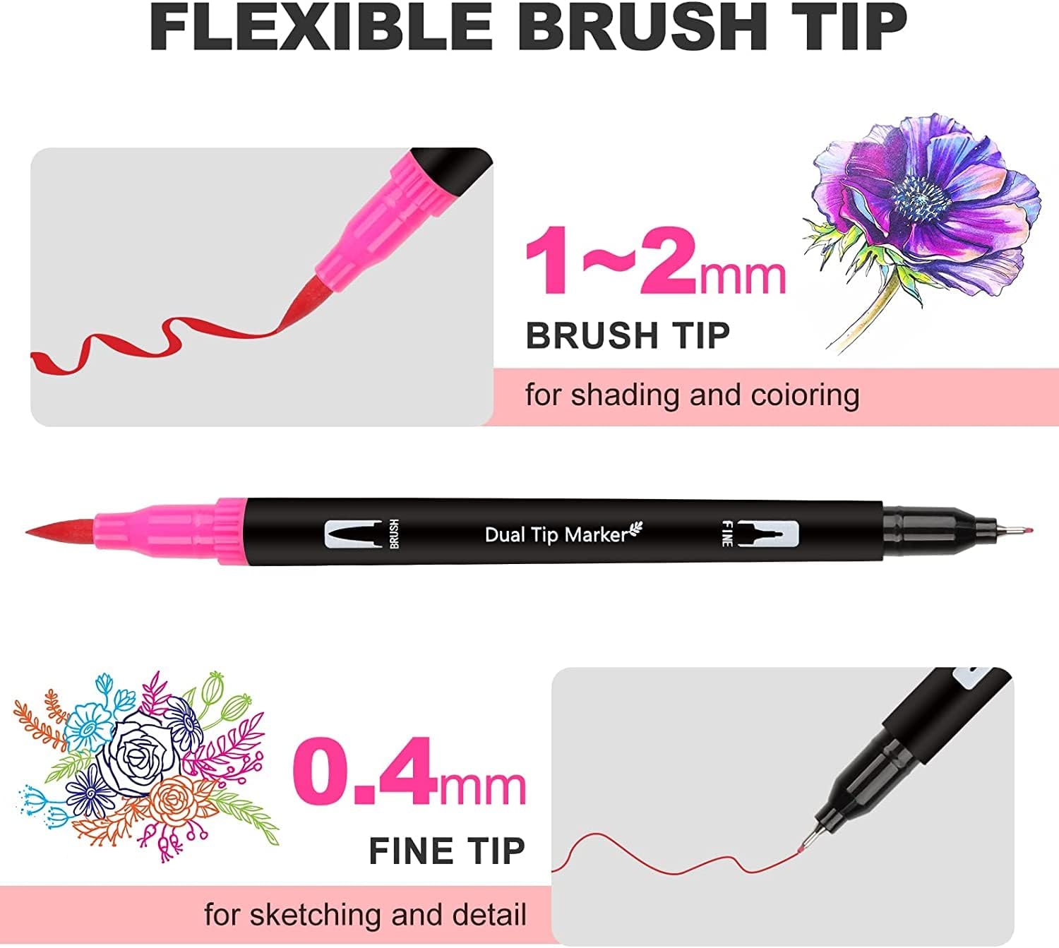 Wynhard Brush Pen Set Sketch Pen Set Drawing Pen Dual Tip Brush Pens Markers for Drawing Brush Pens 24 Shades Art Markers Set Fineliner Color Pens Water Based Marker for Calligraphy Drawing Sketching
