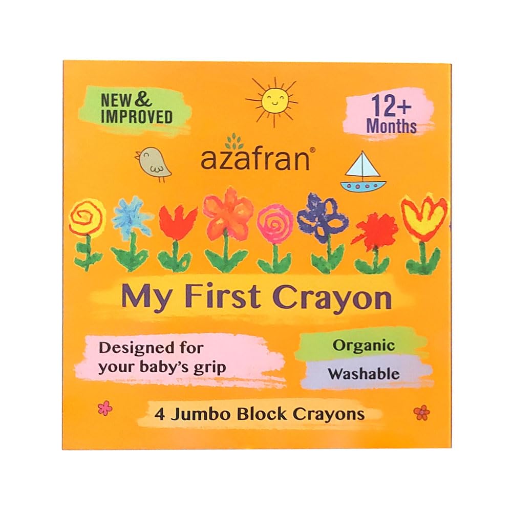 Azafran My First Crayon 4 Jumbo Block Crayons Colors Set for Kids, Baby and Infant Safe, Hypoallergenic, Non-Toxic, Washable, Plant-Based Crayons Colour Set, Ideal Toys for 1 Year Old