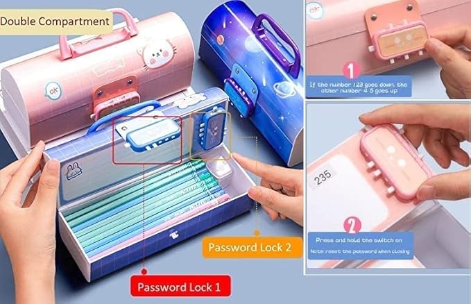 Multi-function pencil box/compass box with lock for school children