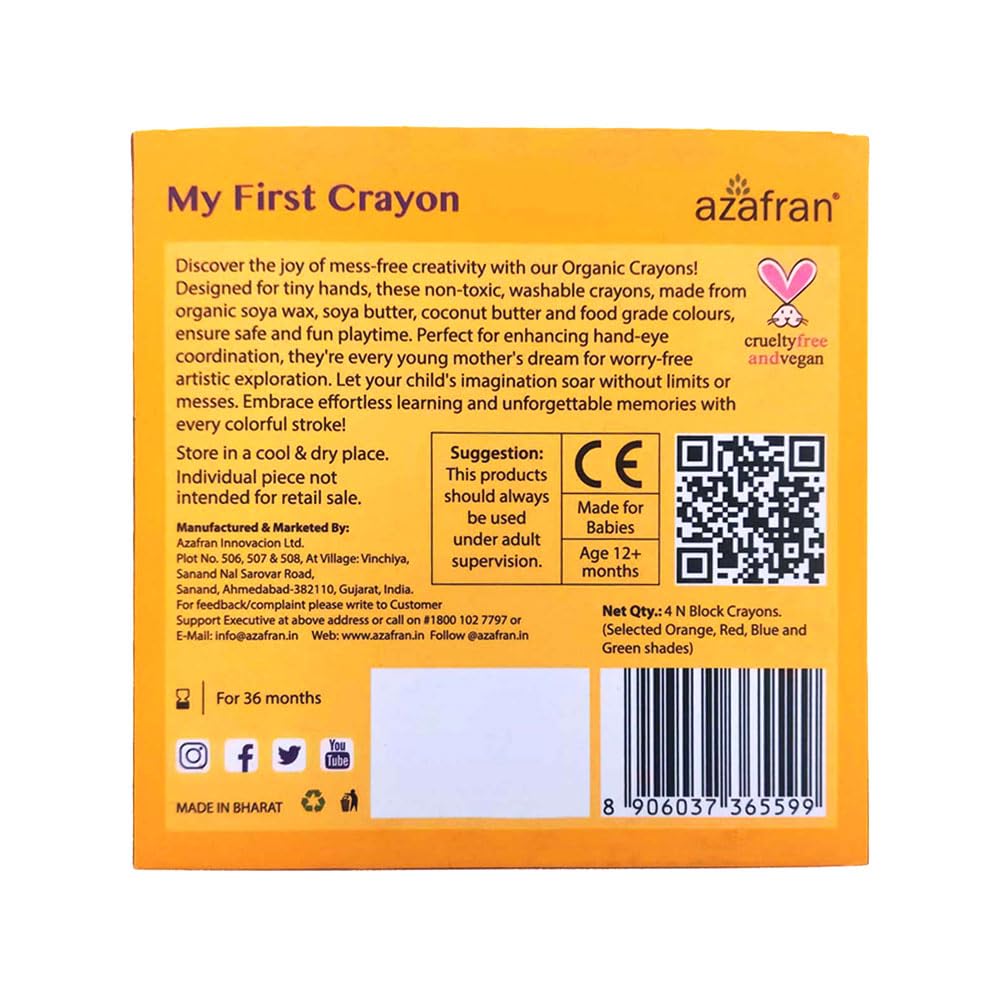 Azafran My First Crayon 4 Jumbo Block Crayons Colors Set for Kids, Baby and Infant Safe, Hypoallergenic, Non-Toxic, Washable, Plant-Based Crayons Colour Set, Ideal Toys for 1 Year Old