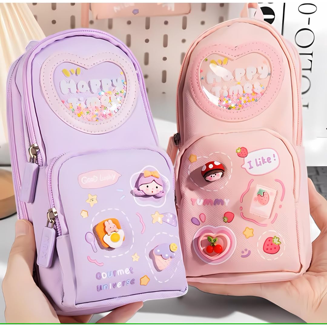 Pencil Pouch for Girls, Pen Pencil Pouch Stationery Organizer School, Pencil Box Girls Boys, Pencil Pouch Aesthetic for Kids, Large Capacity Pencil Case with 3 Layers 6 Compartments (Purple)