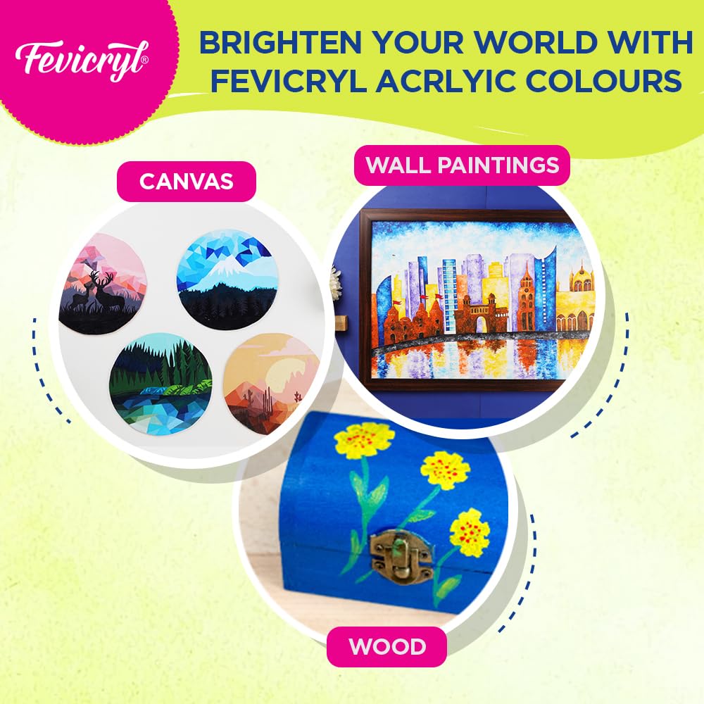 Fevicryl Acrylic Colours Sunflower Kit | 10 Colours x 15 ml | DIY Paint, Rich Pigment | Multicolour & Multi-surface | Non-Cracking Paint for Canvas, Wood, Leather, Earthenware, Metal