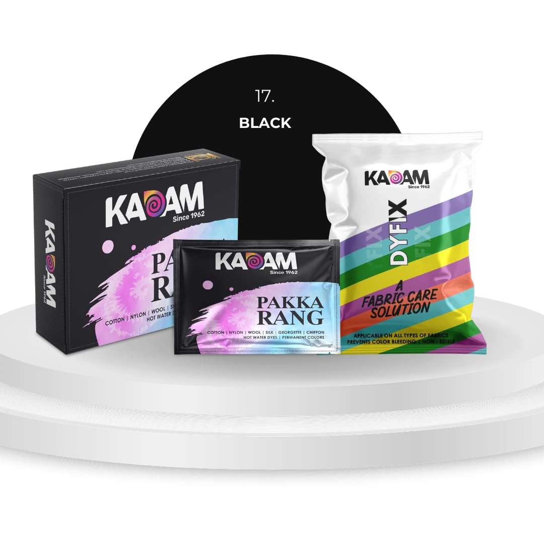 Kadam Pakka Rang Fabric Dye Colours | 10 sachets of Shade 17 Black Colour with 5 sachets of DyFix Colour Fixer Liquid | Fabric Dye Colours for Old Clothes and Faded Jeans | Permanent Fabric Dyes