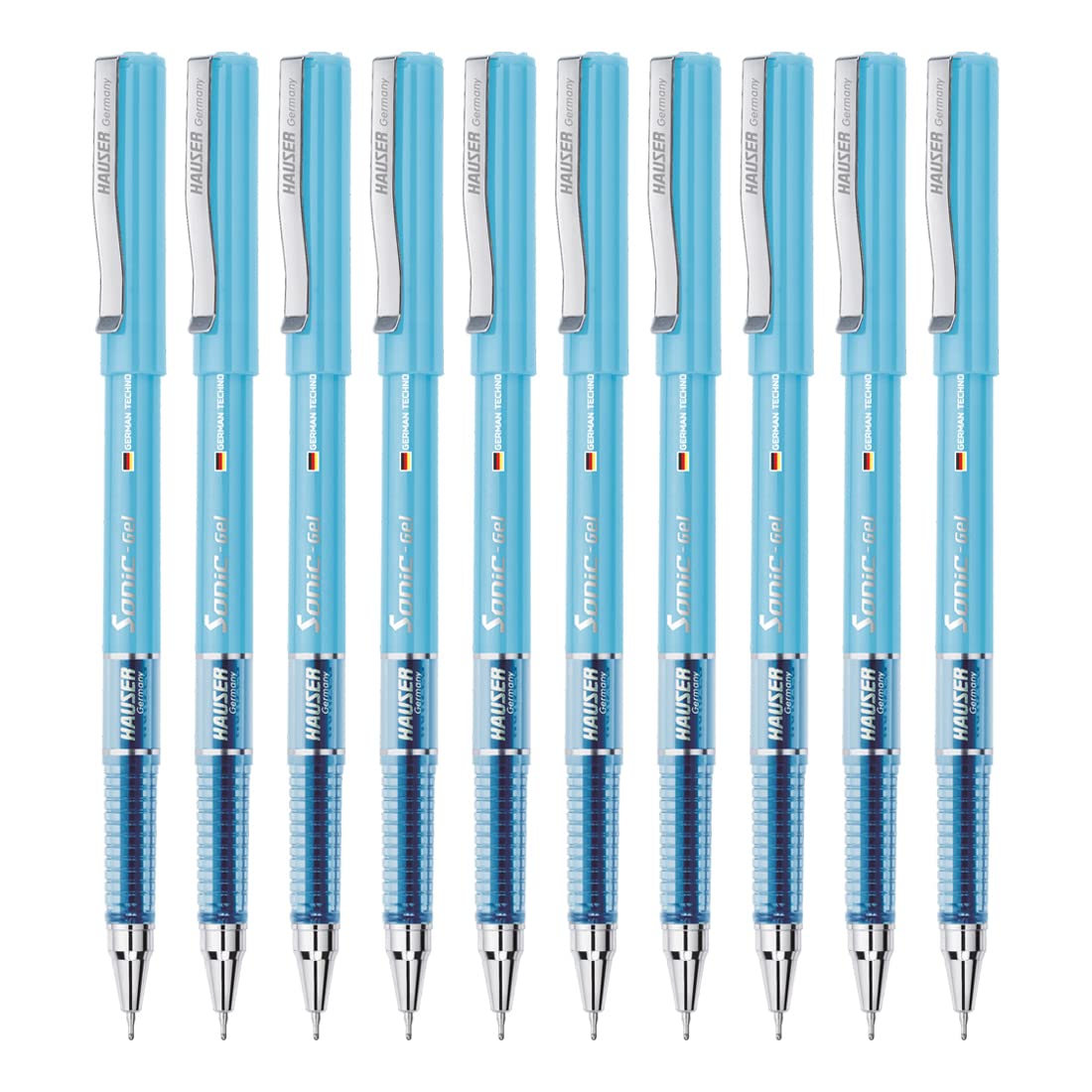 Hauser Sonic 0.55mm Gel Pen Box Pack | Attractive Foiled Body | Stylish Metal Clip | Refillable & Waterproof Gel Ink | German Technology For Smooth & Effortless Writing | Blue Ink, Set of 10 Gel Pens