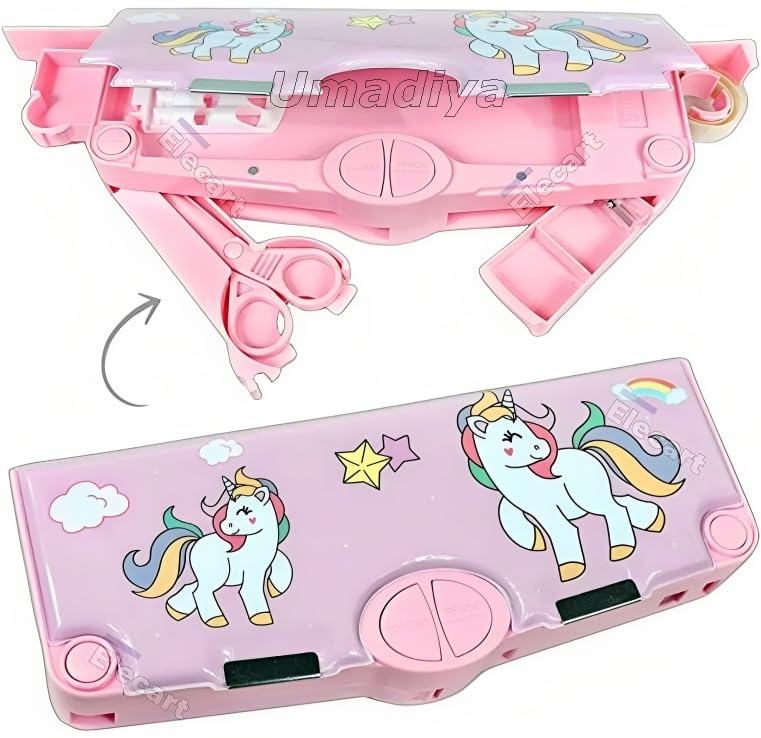 Umadiya® Branded Unicorn Theme Magnetic Pencil Box for Kids, Space Pencil Box for Boys & Girls, Stationery Box, Buttons Operated Pencil Box for Kids (with Accessories)