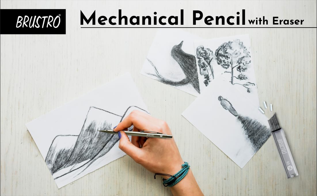 BRUSTRO Mechanical Pencil Set | HB-20 leads, 2B-20 leads,Spare eraser 8 units|Tip size 0.7 mm | Ideal for Students,Adults, Home, School, Office, Stationery Use |Writing, Sketching, Drawing,Mandala Art