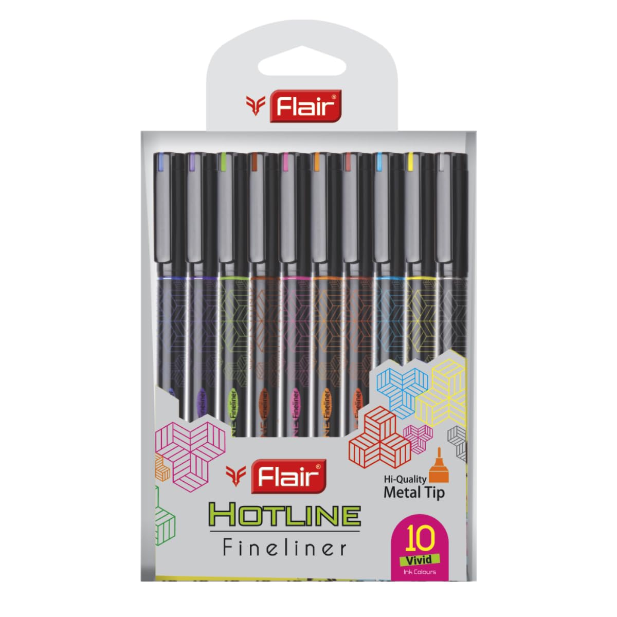 FLAIR Hotline Fineliner Metal Tip Pen (Pack of 20) | Tip Size 0.7 to 1 mm | Comfortable Grip | Fineliner Pens Set For Mandala, Sketching, Doodling, Journal and Outline | 10 Shades.|Multicolor