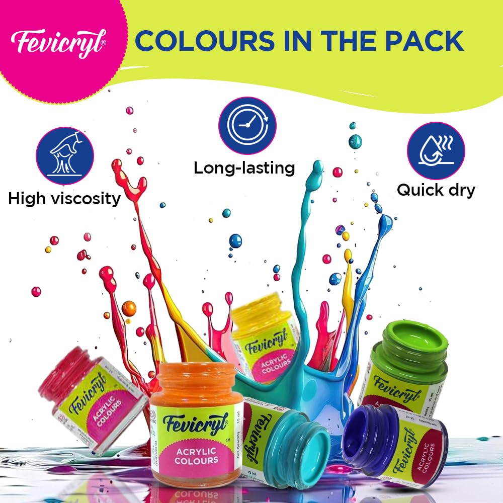 Fevicryl Acrylic Colours Sunflower Kit | 10 Colours x 15 ml | DIY Paint, Rich Pigment | Multicolour & Multi-surface | Non-Cracking Paint for Canvas, Wood, Leather, Earthenware, Metal