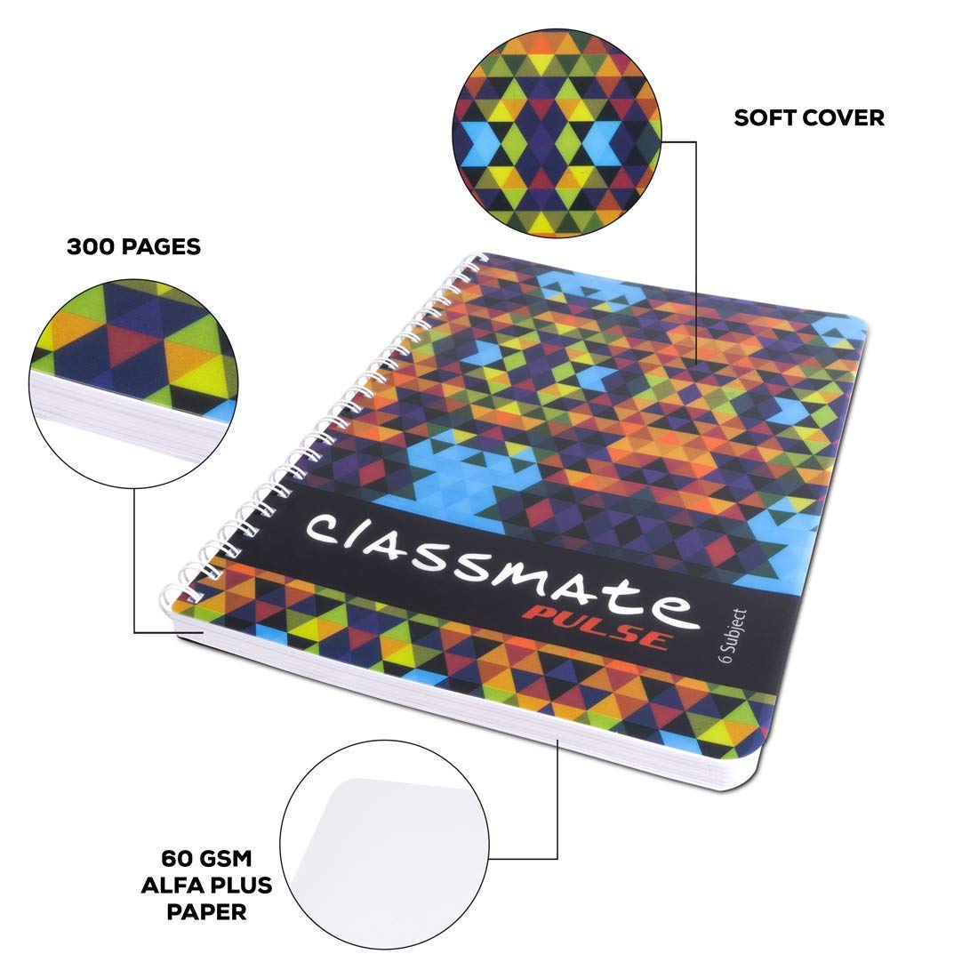 Classmate Soft Cover 6 Subject Spiral Binding Notebook, Unruled, 302 Pages (Design May Vary)