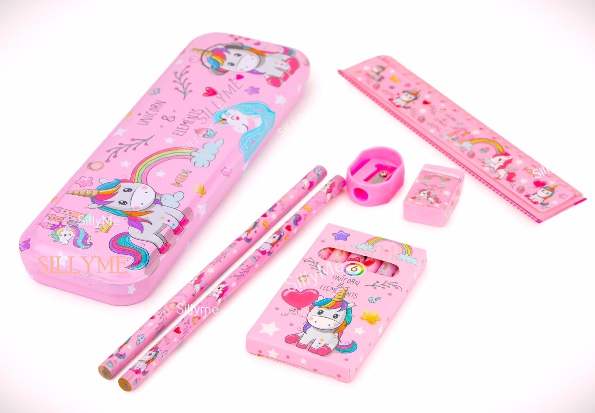 SILLYME Plastic Unicorn Stationery Set For Girls - Unicorn Set Kit Includes- Pencil Box Unicorn Theme Scale Pencil Eraser Sharpener Combo Pack For School | Birthday Gift For Girls, Pink