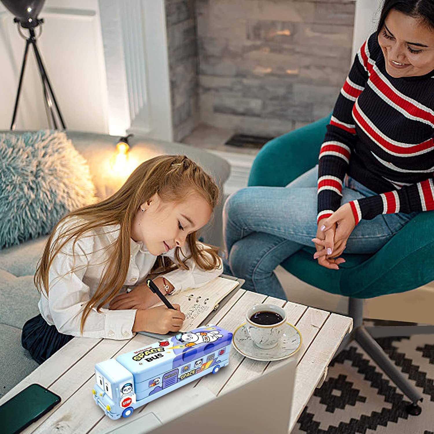 PRIME DEALS Bus Shape Pencil Box School Bus Metal Geometry Box for Kids Magic Bus with Moving Tyres with 3 Compartments Moving Tyre's & Sharpener Geometry Case for Boys & Girls (Blue)