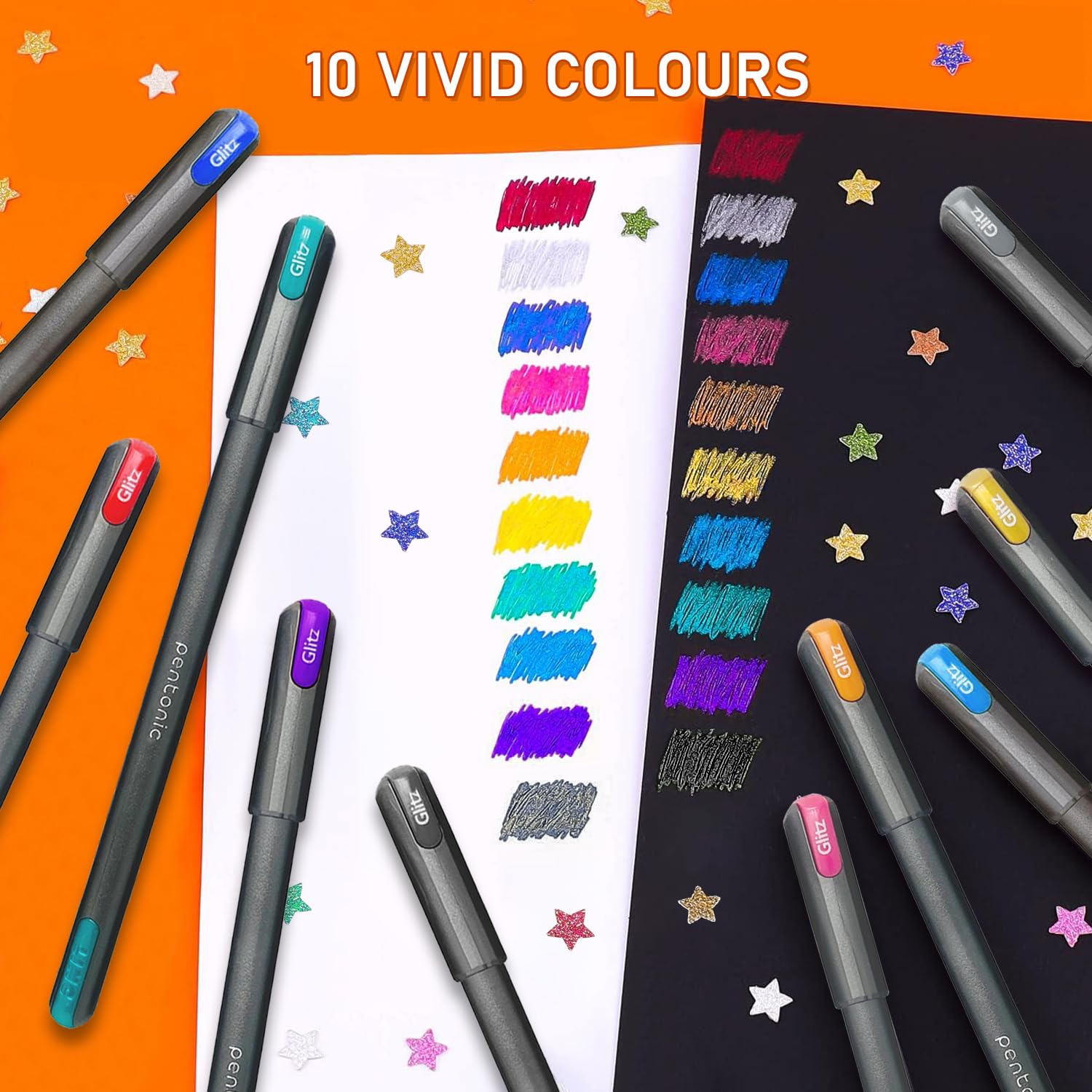 Pentonic Glitz 1.0 mm Multicolor Glitter Gel Pen | Multicolor Ink, Set Of 10 Pcs