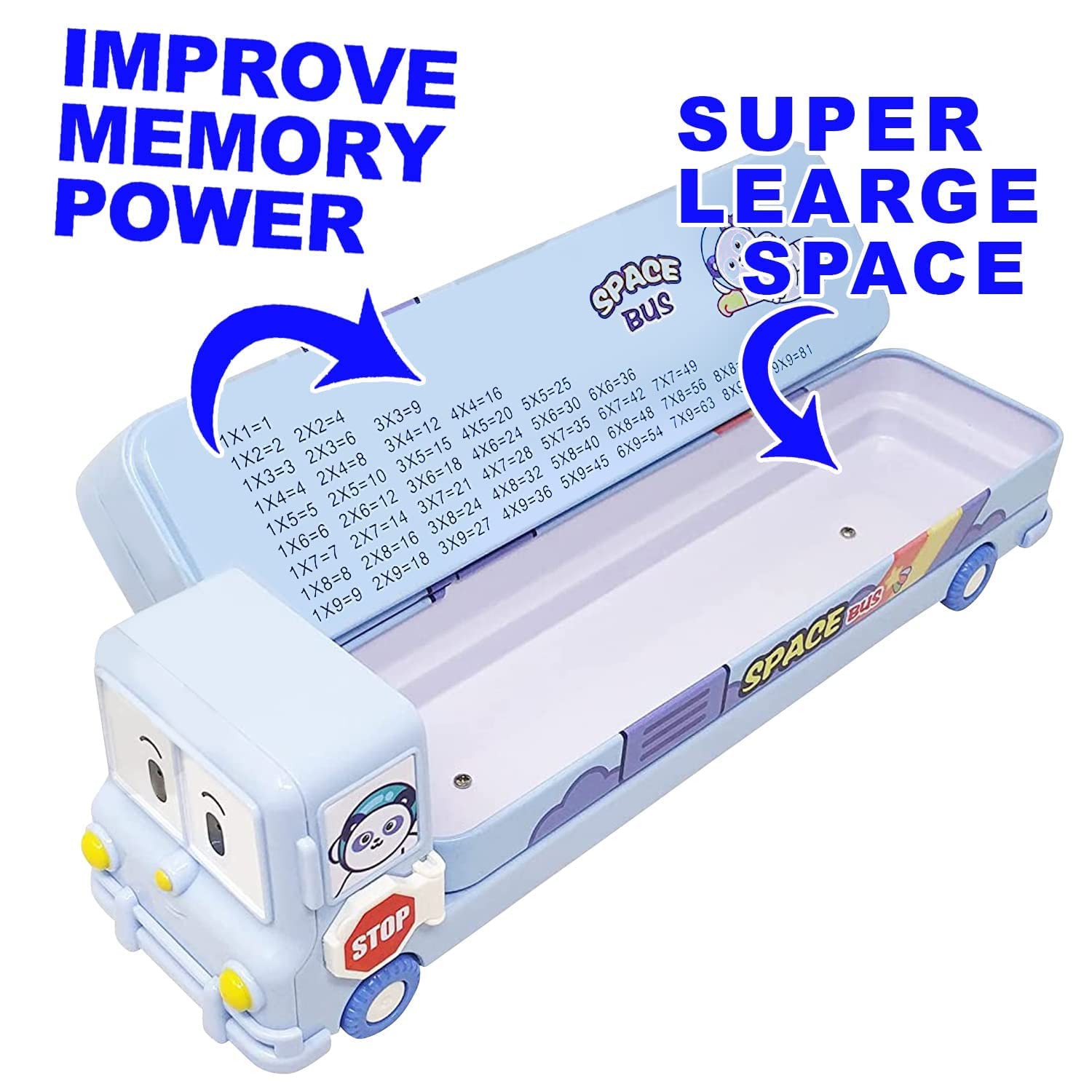 PRIME DEALS Bus Shape Pencil Box School Bus Metal Geometry Box for Kids Magic Bus with Moving Tyres with 3 Compartments Moving Tyre's & Sharpener Geometry Case for Boys & Girls (Blue)