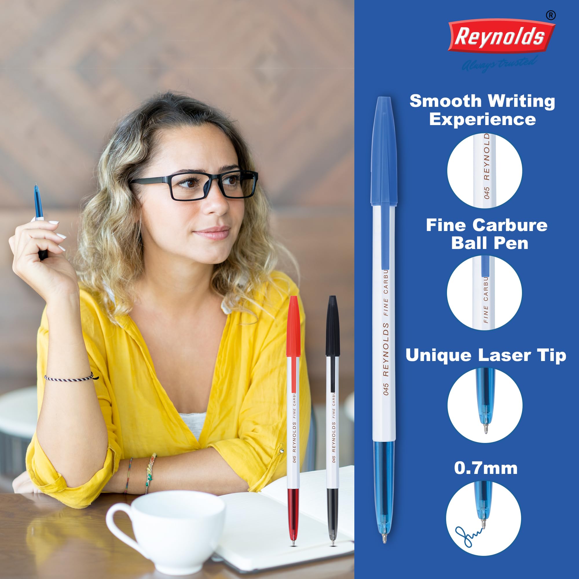 Reynolds 045 Ball Pen SET - 25 BLUE PENS WITH COMFORTABLE GRIP |BLUE BALL PENS FOR WRITING | PEN FOR STUDENTS & OFFICE STATIONERY | 0.7 mm TIP SIZE