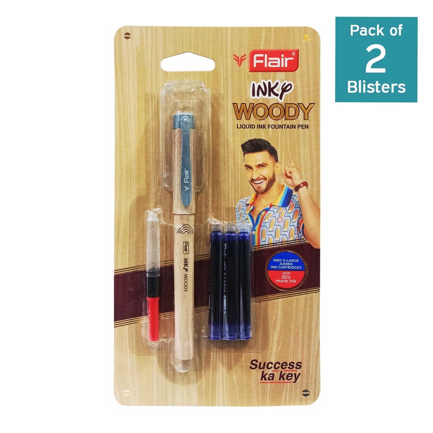 FLAIR Inky Series Woody Fountain Pen | Elegant Pockatable Clip With Aesthetic Wooden Texture Body | Blue Ink, Pack of 2 (Body Color May Vary)