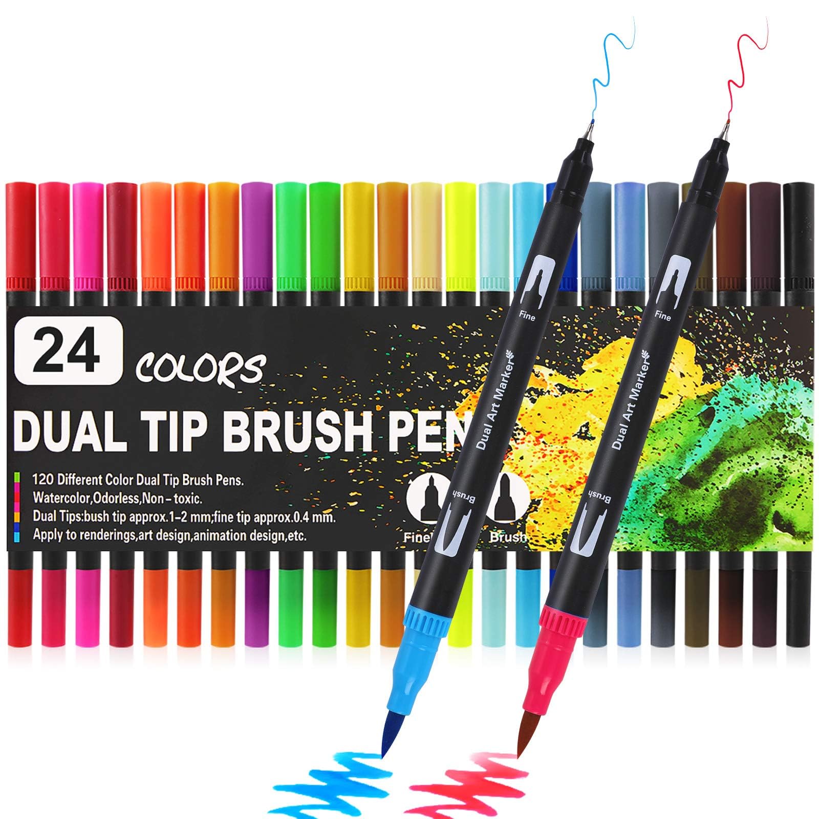 Wynhard Brush Pen Set Sketch Pen Set Drawing Pen Dual Tip Brush Pens Markers for Drawing Brush Pens 24 Shades Art Markers Set Fineliner Color Pens Water Based Marker for Calligraphy Drawing Sketching