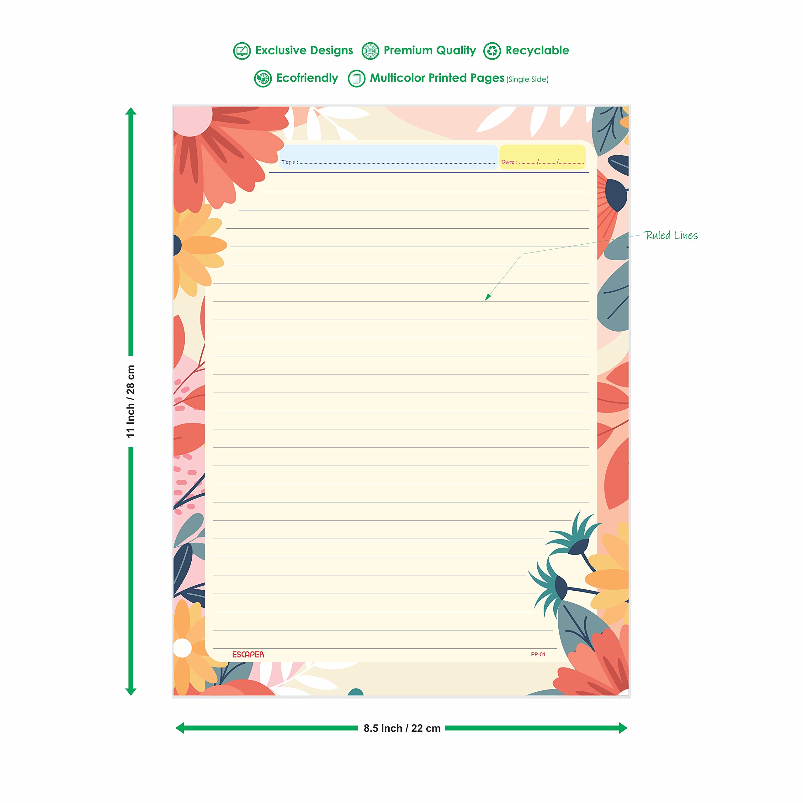 ESCAPER Flower Theme Project Papers - Multicolor Practical Sheets for Assignment, Art & Craft One Side Ruled Lines Paper, Designer Ruled Coloured Paper, Perfect for School Projects