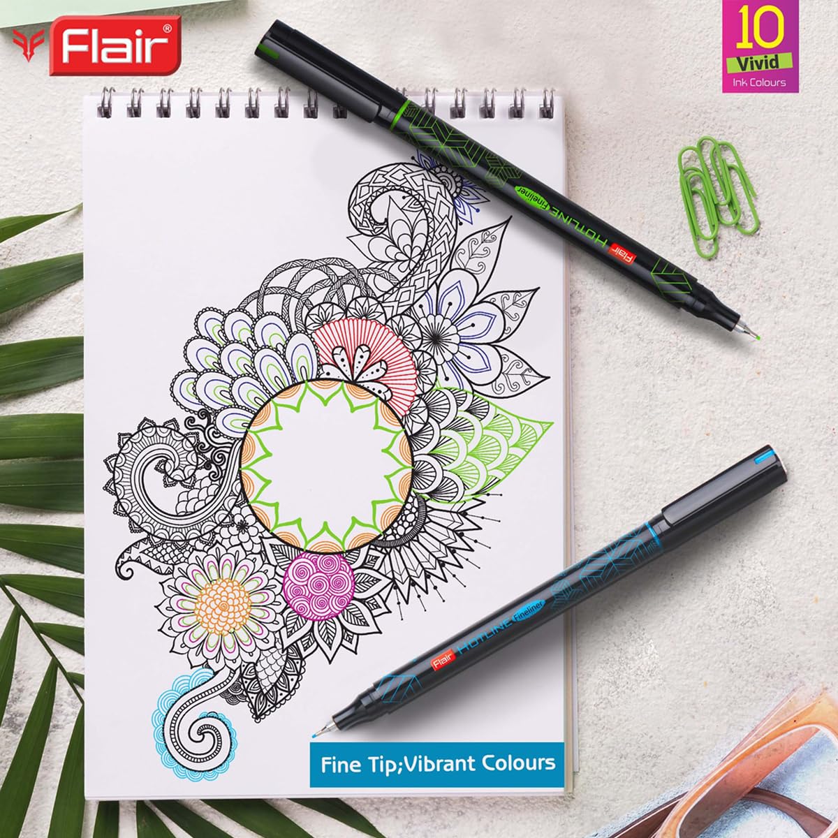 FLAIR Hotline Fineliner Metal Tip Pen (Pack of 20) | Tip Size 0.7 to 1 mm | Comfortable Grip | Fineliner Pens Set For Mandala, Sketching, Doodling, Journal and Outline | 10 Shades.|Multicolor