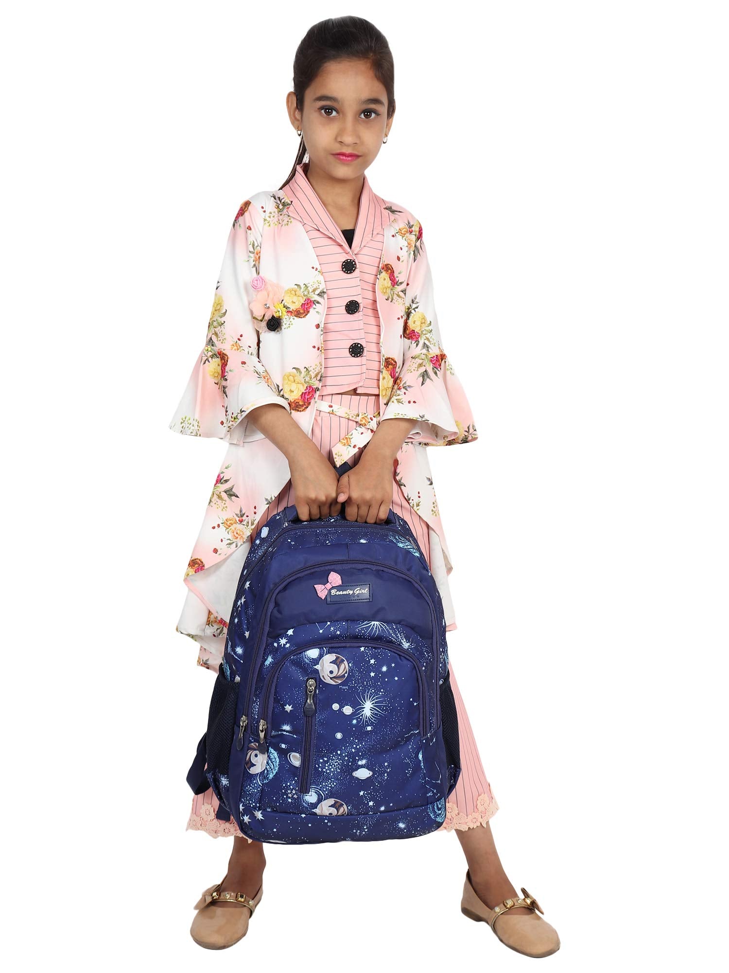 BEAUTY GIRLS Women's 1522 Polyester Floral Printed Designer Stylish Waterproof School/Collage/Picnic Bag-Standard Backpack (32 Litre, Navy Blue) Free Size