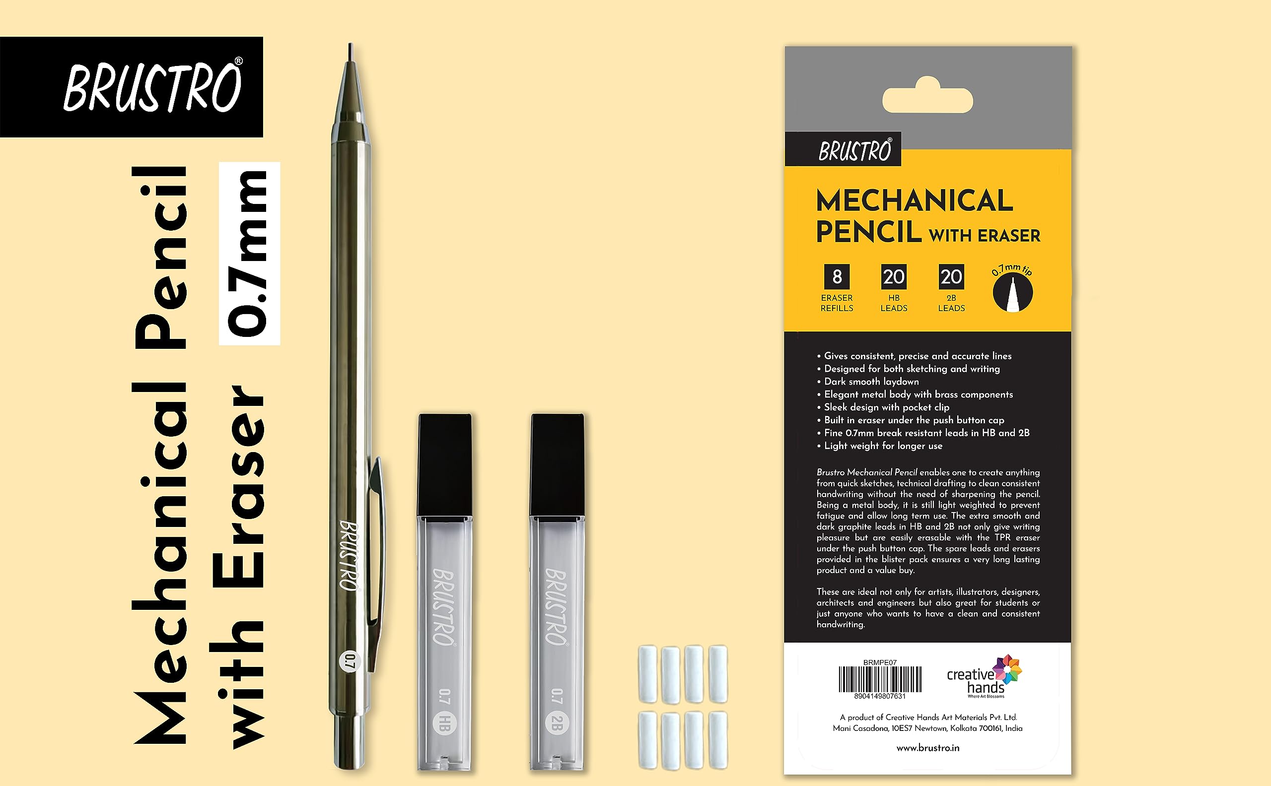 BRUSTRO Mechanical Pencil Set | HB-20 leads, 2B-20 leads,Spare eraser 8 units|Tip size 0.7 mm | Ideal for Students,Adults, Home, School, Office, Stationery Use |Writing, Sketching, Drawing,Mandala Art