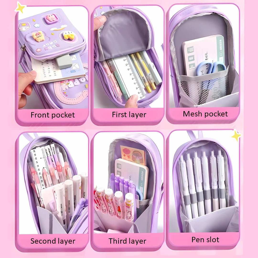 Pencil Pouch for Girls, Pen Pencil Pouch Stationery Organizer School, Pencil Box Girls Boys, Pencil Pouch Aesthetic for Kids, Large Capacity Pencil Case with 3 Layers 6 Compartments (Purple)