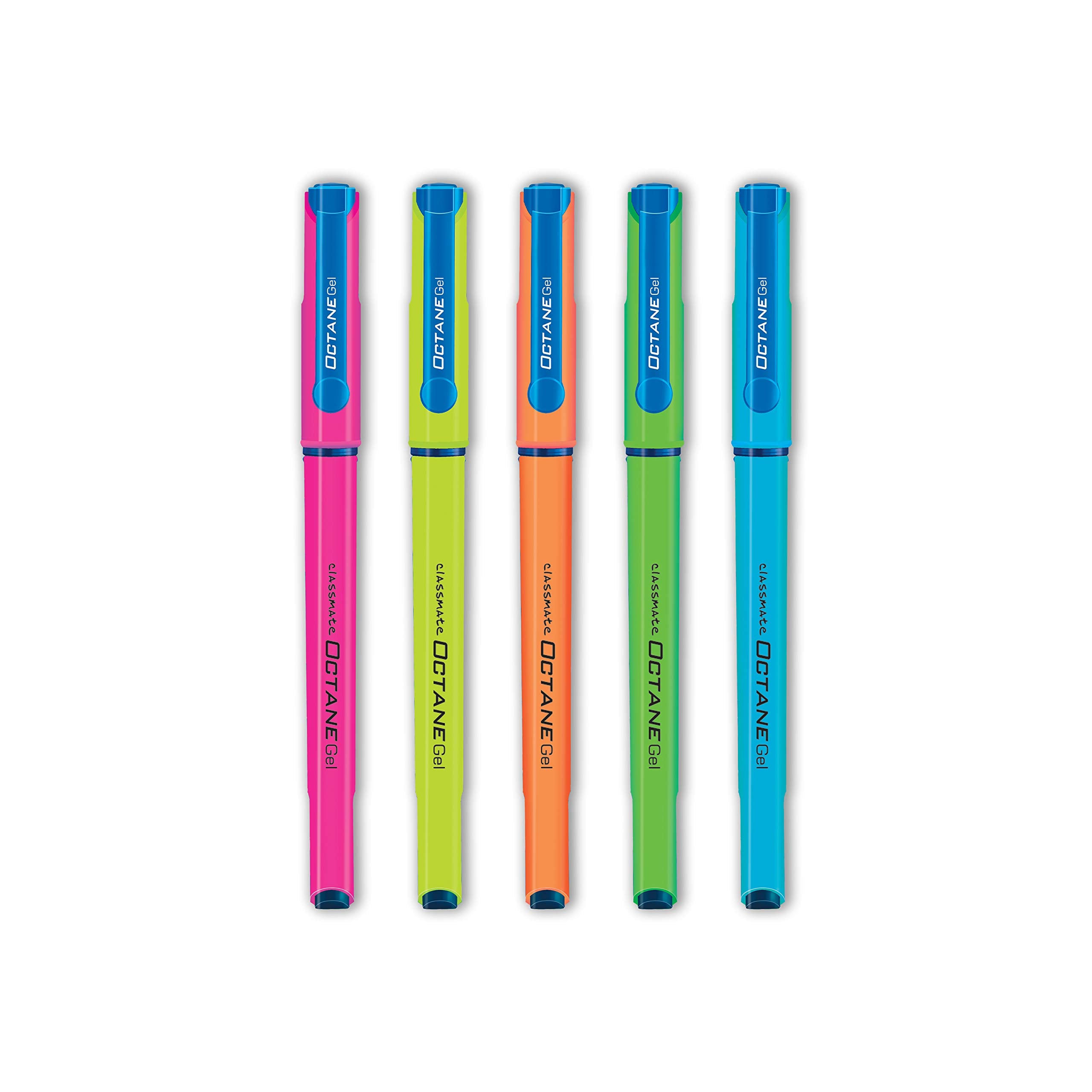 Classmate Octane Neon- Blue Gel Pens (Pack of 5)|Smooth Writing Pens|Water-Proof Ink for Smudge-Free writing|Attractive Neon Body Colours|Preferred by Students for Exam & Class Notes
