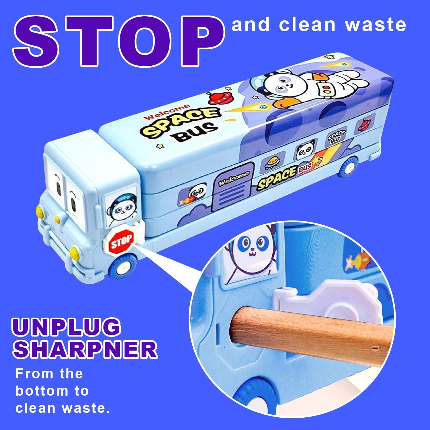 PRIME DEALS Bus Shape Pencil Box School Bus Metal Geometry Box for Kids Magic Bus with Moving Tyres with 3 Compartments Moving Tyre's & Sharpener Geometry Case for Boys & Girls (Blue)